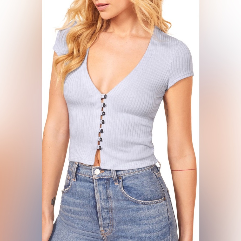 Reformation Nella Ribbed Stretch-Modal Top in Sky Blue | Size XL